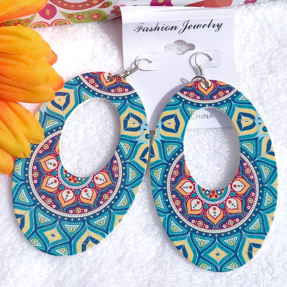New Large Boho Festival Earrings Wood Dangle Hoops - Picture 4 of 4